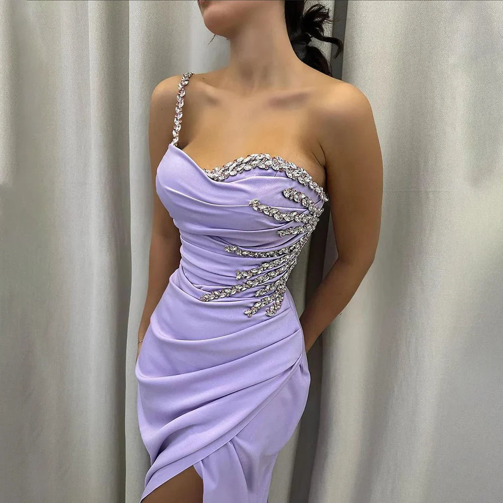 2025 Arabic Elegant Lilac Satin Mermaid One Shoulder Beaded Evening Dress Women's Party Gown with High Split LA72331