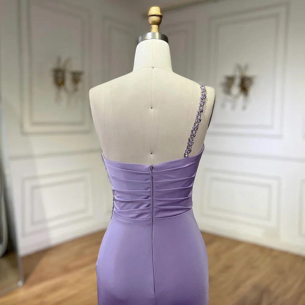Vestido de noche elegante árabe de satén lila con un solo hombro y cuentas, corte sirena, para mujer, con abertura alta, LA72331 