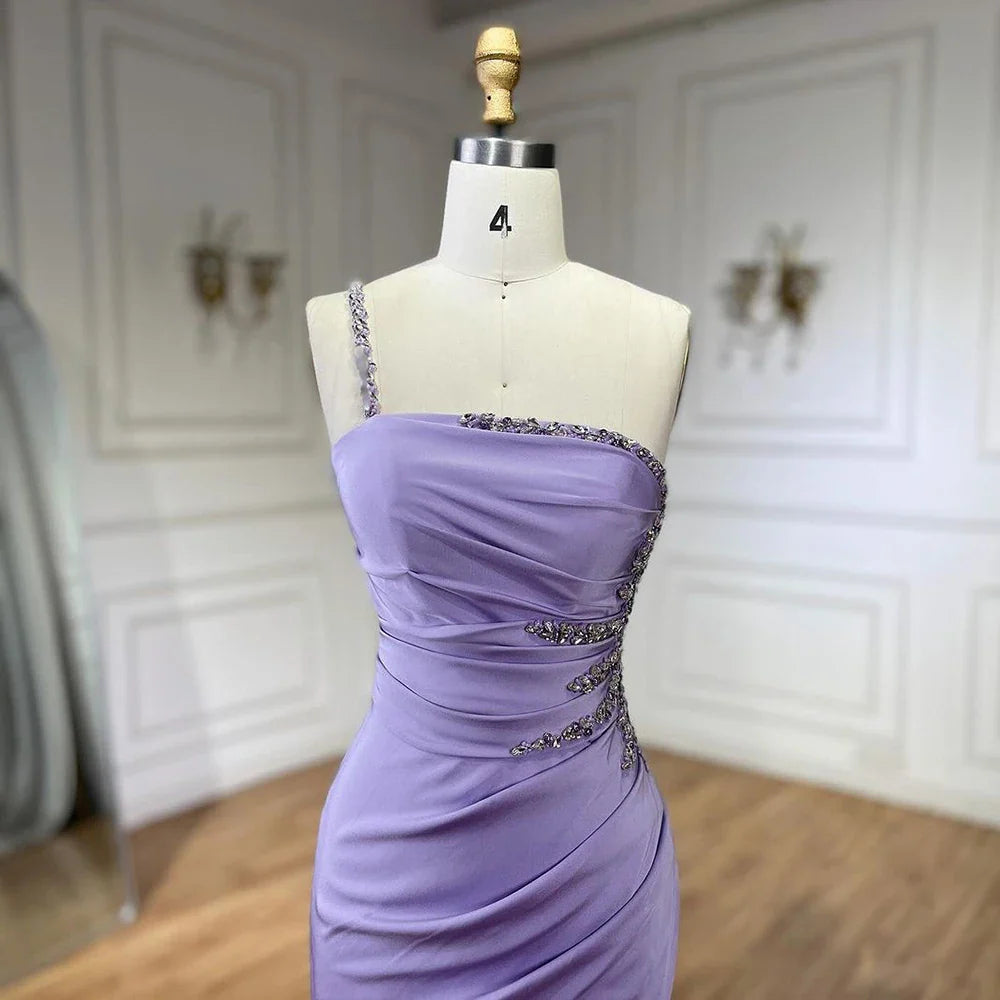 Vestido de noche elegante árabe de satén lila con un solo hombro y cuentas, corte sirena, para mujer, con abertura alta, LA72331 