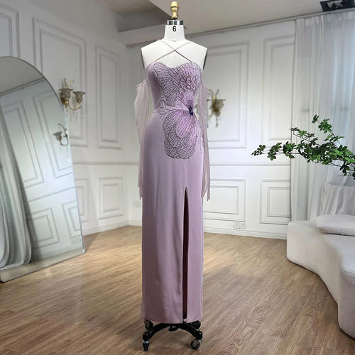 Vestido de noche de satén rosa con escote sirena, tirantes finos y cuentas, para mujer, con abertura alta y guantes, LA72001 