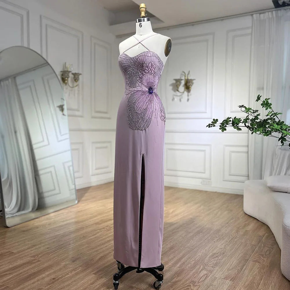 2025 Pink Satin Mermaid Spaghetti Strap Beaded Evening Dress Women's Party Gown with High Split and Gloves LA72001