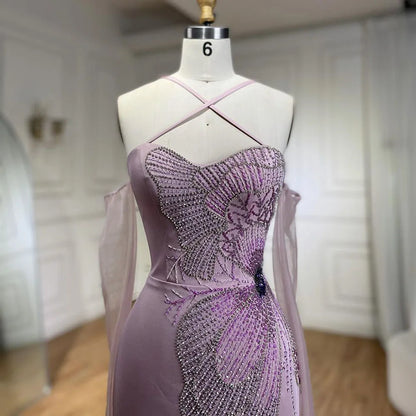 2025 Pink Satin Mermaid Spaghetti Strap Beaded Evening Dress Women's Party Gown with High Split and Gloves LA72001
