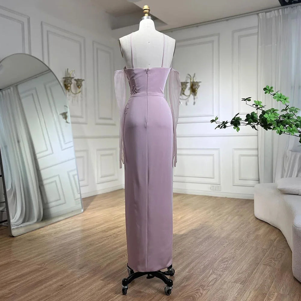 2025 Pink Satin Mermaid Spaghetti Strap Beaded Evening Dress Women's Party Gown with High Split and Gloves LA72001