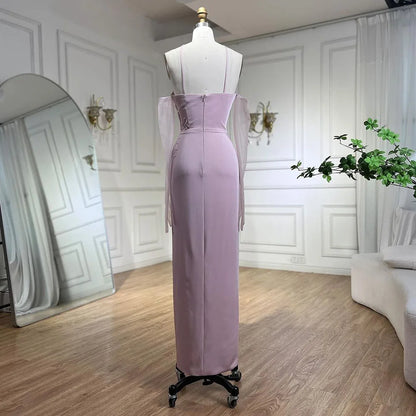 2025 Pink Satin Mermaid Spaghetti Strap Beaded Evening Dress Women's Party Gown with High Split and Gloves LA72001