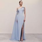 Blue Satin Mermaid One Shoulder Elegant Cape Sleeve Beaded Evening Dress Women's Party Gown with High Split LA72504