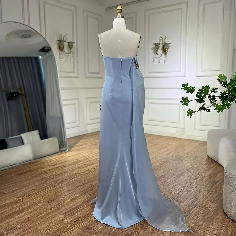 Blaues Satin-Meerjungfrauen-Abendkleid mit einer Schulter und Perlenbesatz im Cape-Stil, Partykleid für Damen mit hohem Schlitz LA72504 