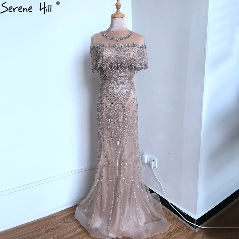 Vestidos de noche de lujo estilo sirena color piel para mujer 2025, vestido formal de Dubái con lentejuelas de diamante LA70519 