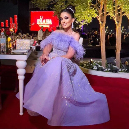 Sexy Off Schulter EINE Linie Feder Perlen Luxus Abendkleider Kleider Für Frauen Arabisch Party 2025 LA71844 