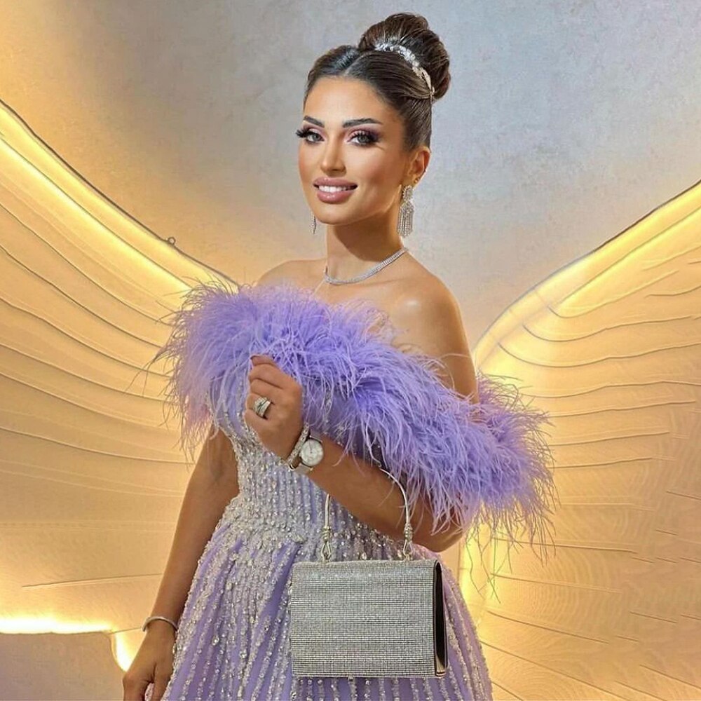 Sexy Off Schulter EINE Linie Feder Perlen Luxus Abendkleider Kleider Für Frauen Arabisch Party 2025 LA71844 
