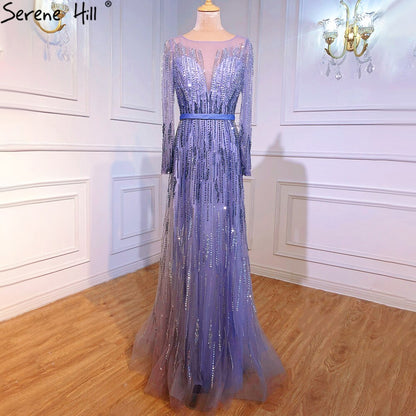 Gradient Luxus Abendkleider 2025 Lange Ärmel Perlenbesatz Funkeln A-Linie Abendkleid LA70323 