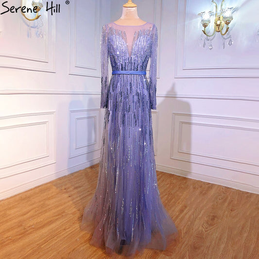 Gradient Luxus Abendkleider 2025 Lange Ärmel Perlenbesatz Funkeln A-Linie Abendkleid LA70323 