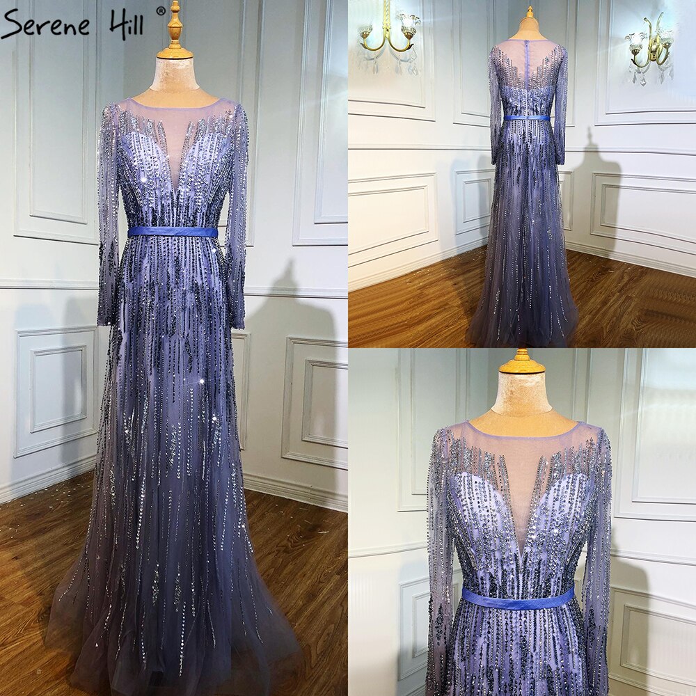 Vestidos de noche de lujo con degradado, manga larga, apliques de cuentas y brillo, corte A, vestido formal LA70323 