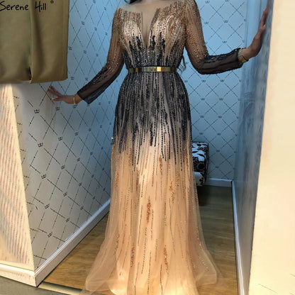 Gradient Luxus Abendkleider 2025 Lange Ärmel Perlenbesatz Funkeln A-Linie Abendkleid LA70323 