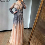 Vestidos de noche de lujo con degradado, manga larga, apliques de cuentas y brillo, corte A, vestido formal LA70323 