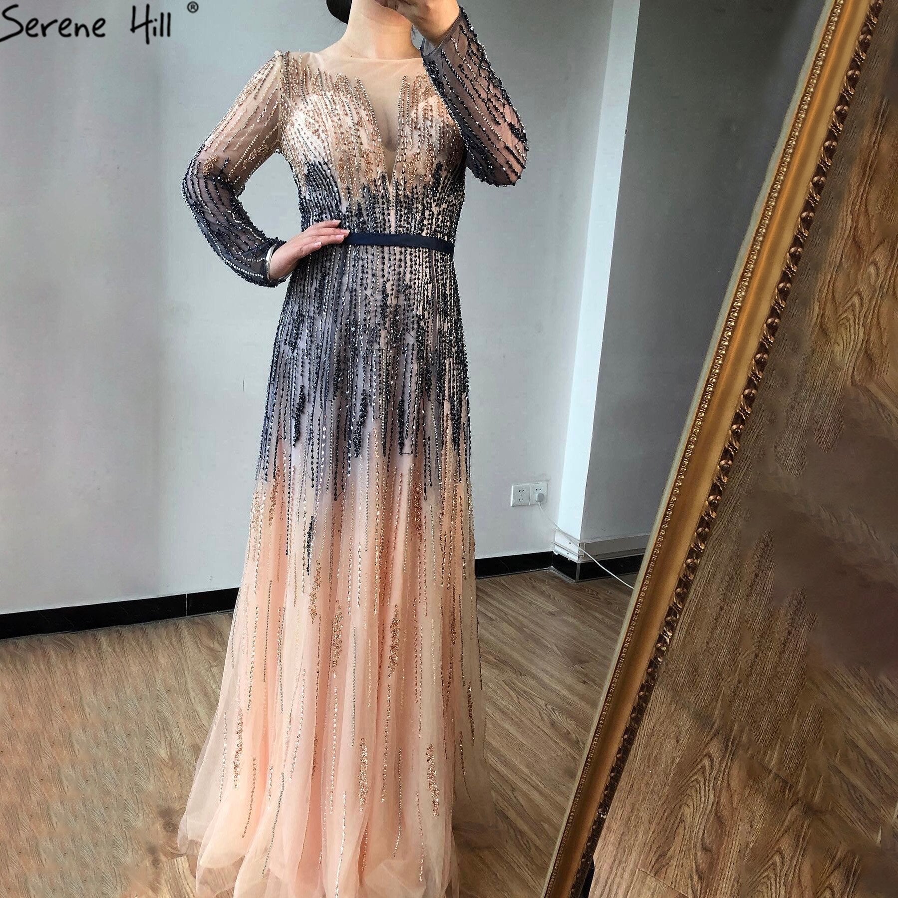 Vestidos de noche de lujo con degradado, manga larga, apliques de cuentas y brillo, corte A, vestido formal LA70323 