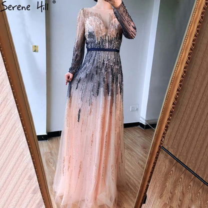 Gradient Luxus Abendkleider 2025 Lange Ärmel Perlenbesatz Funkeln A-Linie Abendkleid LA70323 