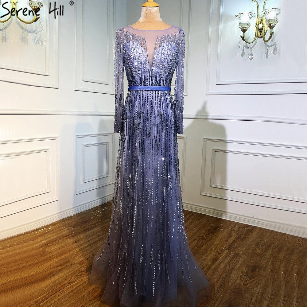 Vestidos de noche de lujo con degradado, manga larga, apliques de cuentas y brillo, corte A, vestido formal LA70323 