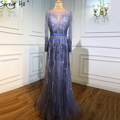 Gradient Luxus Abendkleider 2025 Lange Ärmel Perlenbesatz Funkeln A-Linie Abendkleid LA70323 