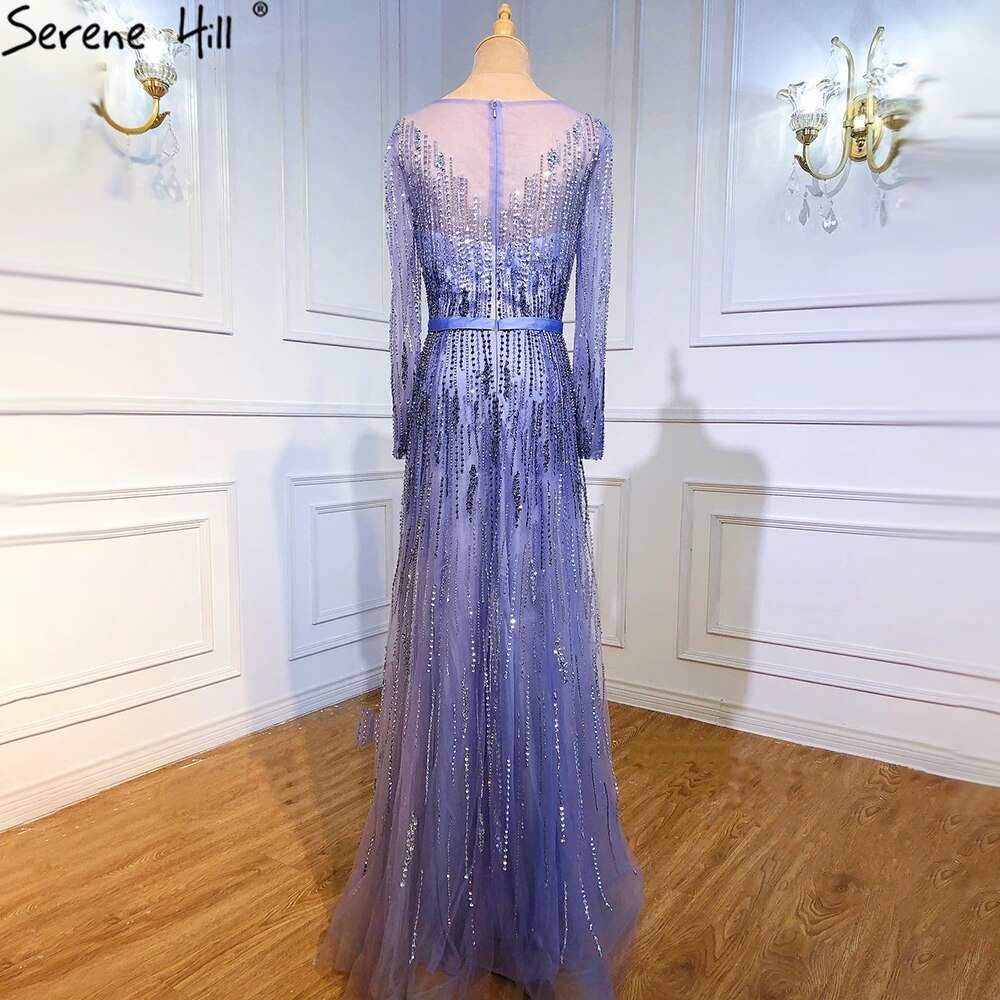 Vestidos de noche de lujo con degradado, manga larga, apliques de cuentas y brillo, corte A, vestido formal LA70323 