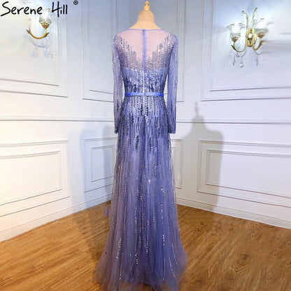 Gradient Luxus Abendkleider 2025 Lange Ärmel Perlenbesatz Funkeln A-Linie Abendkleid LA70323 