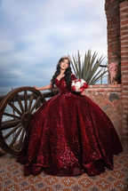 Glitzerndes Burgunderrotes schulterfreies Ballkleid Sweet 16 Kleid Y4264