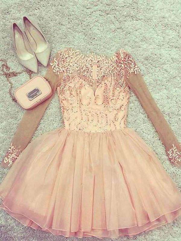 Long Sleeves Appliques Homecoming Dress Party Dresses with Beading