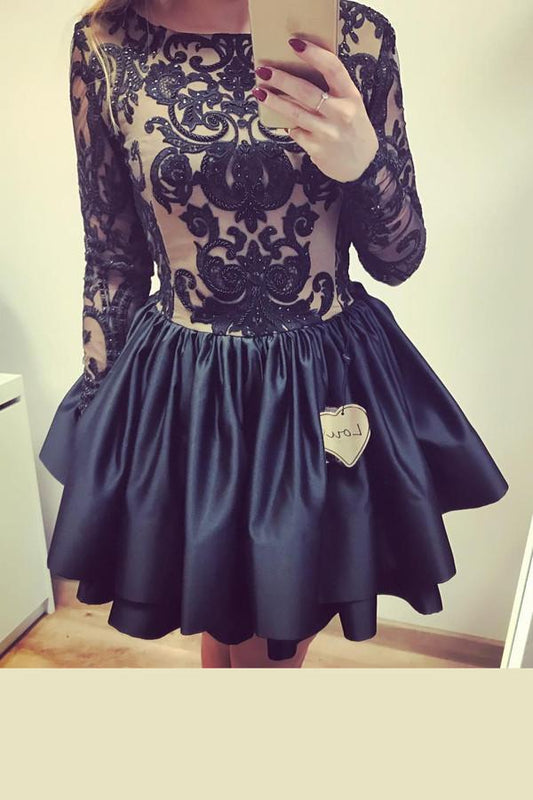 Black Long Sleeve Ball Gown V Back Appliques Homecoming Dress, Short Prom Dress