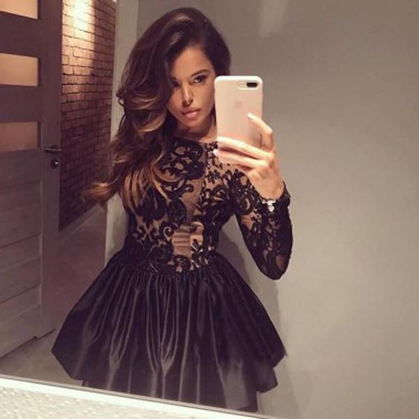 Black Long Sleeve Ball Gown V Back Appliques Homecoming Dress, Short Prom Dress
