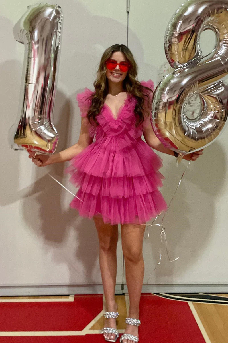 Lindo vestido corto de fiesta de tul rosa con volantes escalonados Y1995
