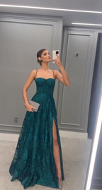 Vintage Abendkleider Spaghettiträger Ballkleider Rückenfrei Spitze A-Linie Ärmellos Partykleid Y4923