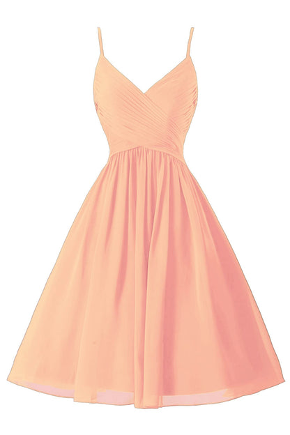 Vestidos de fiesta cortos de gasa con tirantes finos, sin mangas y corte en A, con bolsillos 