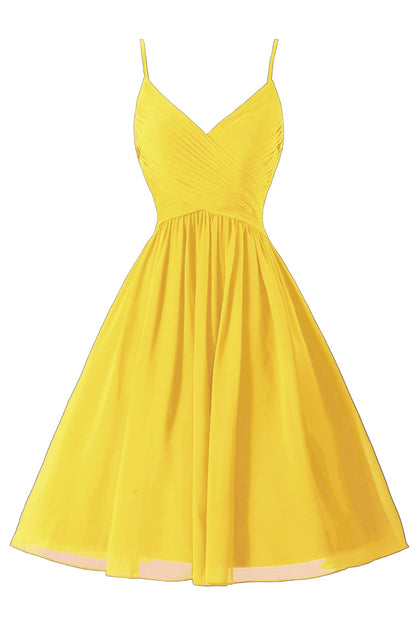 Vestidos de fiesta cortos de gasa con tirantes finos, sin mangas y corte en A, con bolsillos 