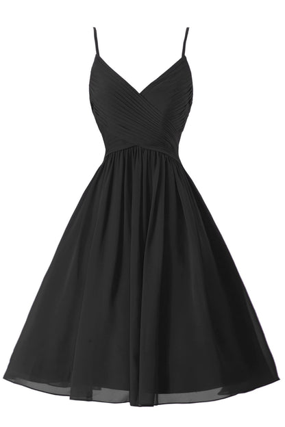 Vestidos de fiesta cortos de gasa con tirantes finos, sin mangas y corte en A, con bolsillos 