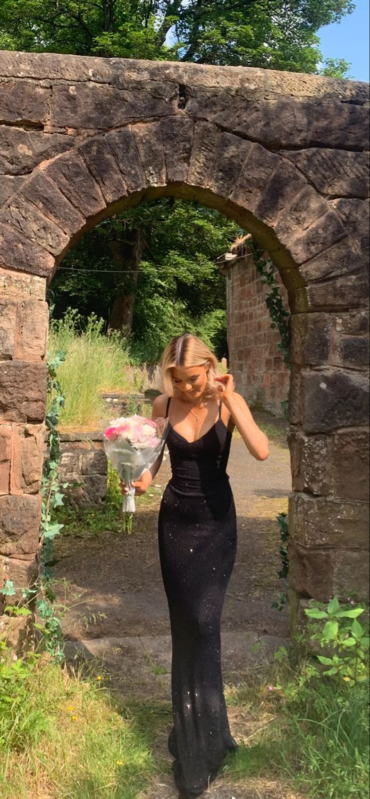 Klassisches schwarzes Ballkleid mit Spaghettiträgern, schwarzes Abendkleid Y4132