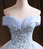 Blaues Tüll-Spitzen-Langballkleid Abendkleid Y1293