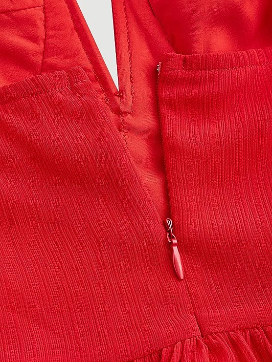 Vestido de fiesta rojo de corte A con lazo en los hombros y bajo con volantes Y2720