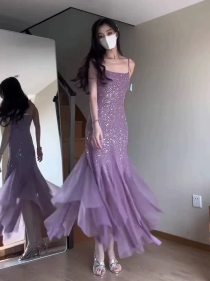 Sexy Meerjungfrau Spaghettiträger Lila Chiffon Perlen Abendkleid Ballkleid Y7812