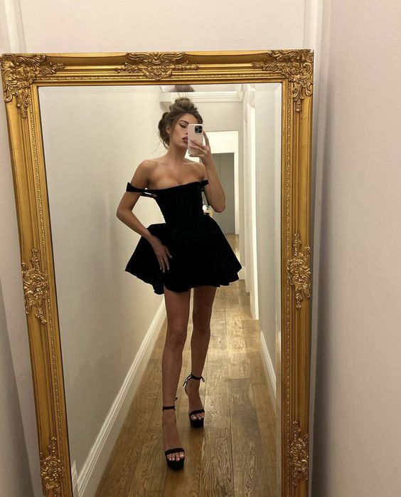 Vestido negro de fiesta con corte en A, vestido de cóctel negro Y2363