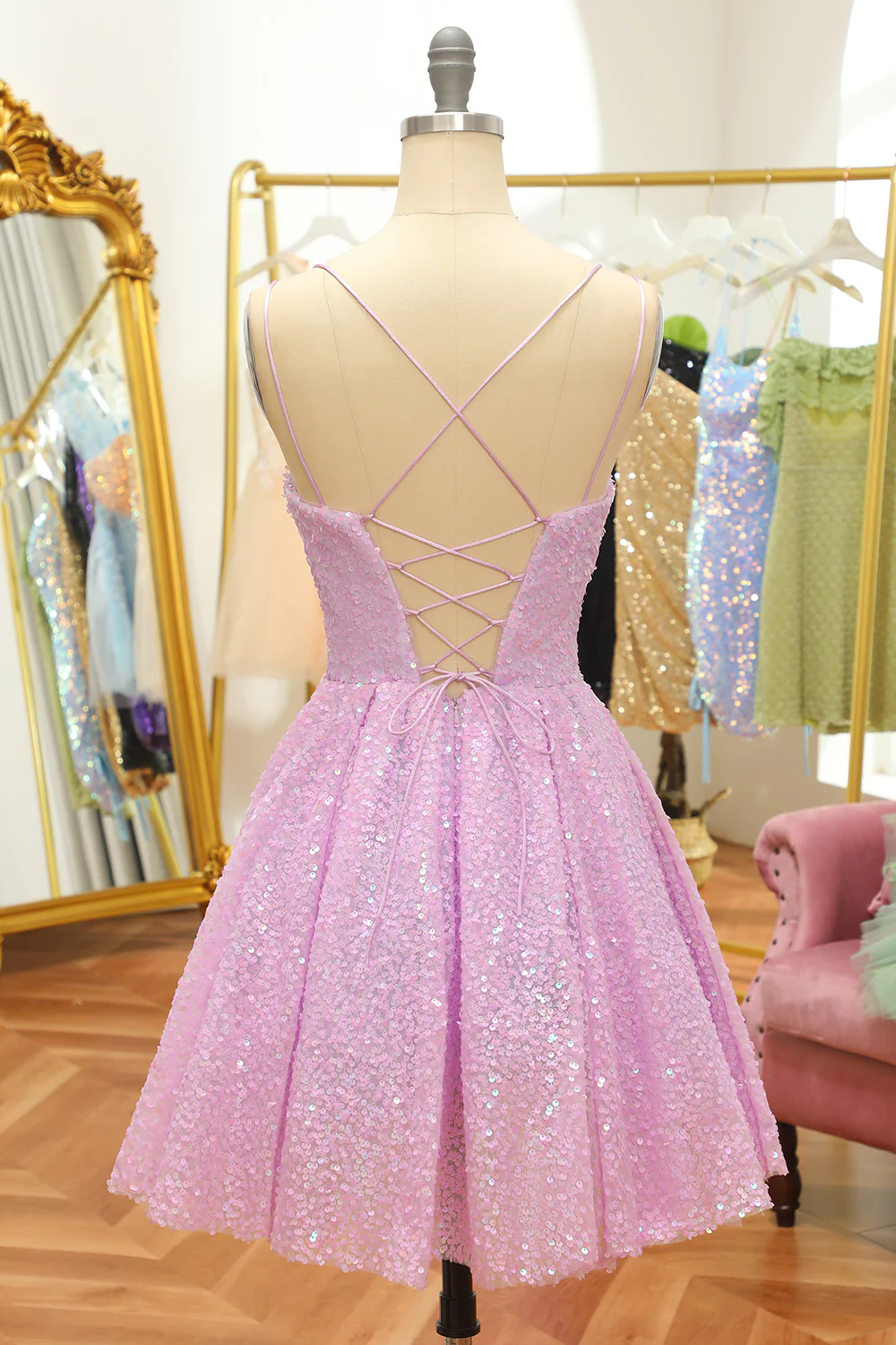 Vestido de fiesta con lentejuelas lilas, corte A y cordones, Y2994