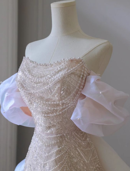 Rosa A-Linie Off-Shoulder Tüll Pailletten Perlen Langes Ballkleid Formales Abendkleid Y8050