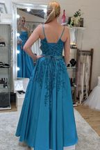 Vestidos de fiesta largos de encaje azul con espalda descubierta y cinturón, vestidos formales de encaje azul, vestidos de noche azules Y174