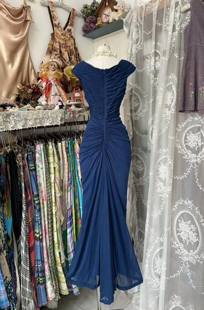 Vintage Navy Blue Chiffon Ruched Evening Gown Mermaid Party Prom Dress Y8076