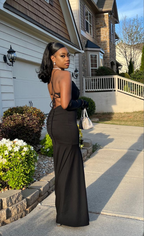 Vestido de fiesta largo con corte trompeta/sirena negro, vestido de noche negro, Y2450
