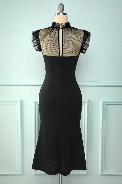 Vestido de noche corto ajustado con cuello alto y corte sirena negro Y5066