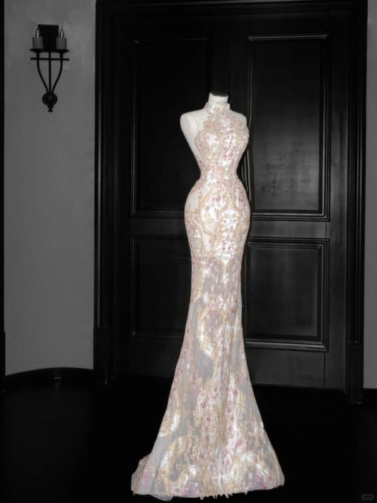 Vestido de fiesta de sirena con apliques de tul y lentejuelas, elegante, con abertura, vestido de noche formal Y8661