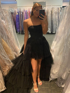 Vestido de fiesta de tul negro de corte alto y bajo, vestido de noche formal de tul negro de corte alto y bajo Y4893