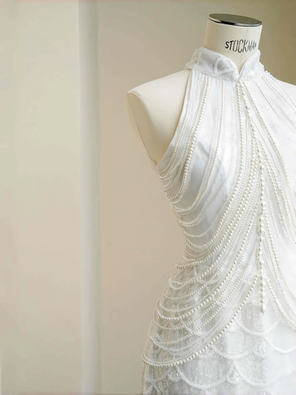 Vestido de noche largo con lentejuelas blancas, perlas y cadena, elegante, estilo vaina, para fiesta y noche, Y8670