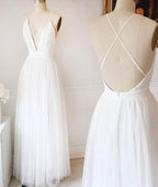 Schlichtes weißes A-Linien-Tüll-Brautkleid mit V-Ausschnitt, langes Ballkleid, MW218 