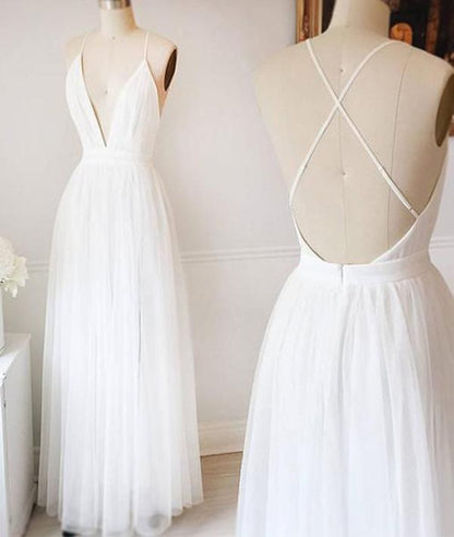 Schlichtes weißes A-Linien-Tüll-Brautkleid mit V-Ausschnitt, langes Ballkleid, MW218 