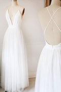 Schlichtes weißes A-Linien-Tüll-Brautkleid mit V-Ausschnitt, langes Ballkleid, MW218 